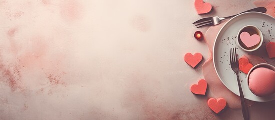 Poster - Valentine s Day dinner table arranged beautifully on a light grunge background leaving room for text. Creative banner. Copyspace image