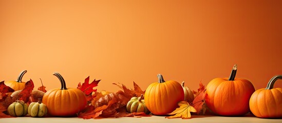 Wall Mural - A fall scene with pumpkins and colorful leaves on an orange background providing copy space for images