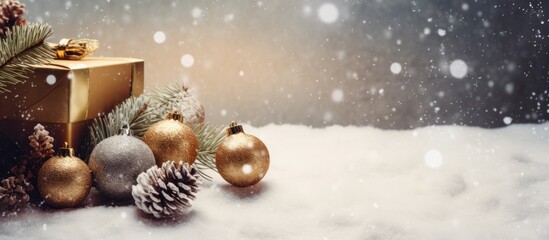 Poster - A festive holiday scene with traditional Christmas decorations gifts and festive elements The image showcases the winter season with a close up view and a flat lay arrangement providing a copy space