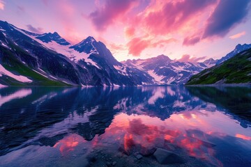 Wall Mural - A majestic mountain landscape at sunset, snow-capped peaks, a crystal-clear lake reflecting the vibrant sky, serene nature. Resplendent.