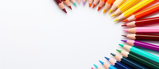 Aufkleber - A semicircle arrangement of colored watercolor pencils on a white background perfect for adding text or graphics Copy space image