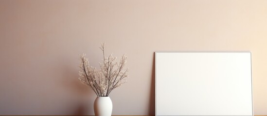 Poster - A pink wall serves as a backdrop for a tastefully decorated home interior with a picture frame and a vase containing a dry plant on a white table allowing for copy space image