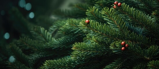 Poster - Spruce tree with Christmas decorations serving as a background for design and texture in a copy space image