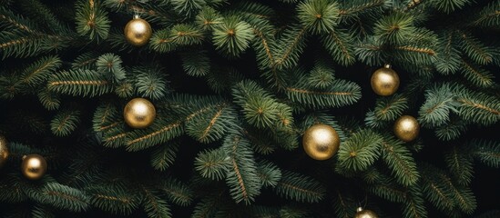 Sticker - Spruce tree with Christmas decorations serving as a background for design and texture in a copy space image