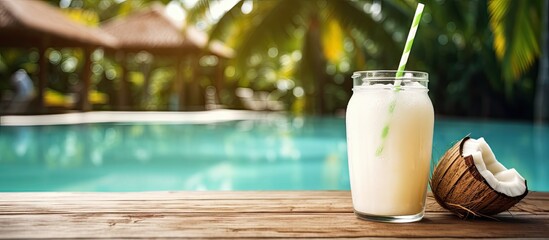 Poster - A tropical setting with a refreshing glass of coconut juice and a straw perfect by the pool for relaxation and enjoyment copy space image