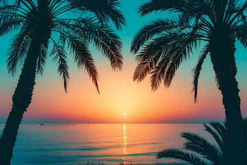 Wall Mural - View of silhouette palm trees against blue sky during sunset