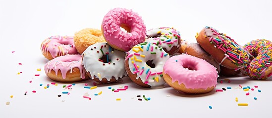 Poster - A copy space image of vibrant donuts with a variety of icings colorful sprinkles and the word donuts written on a white background