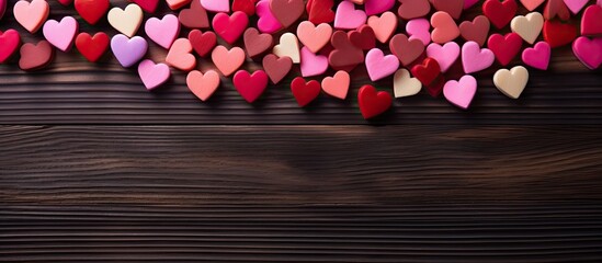 Poster - A heart shaped wooden background for St Valentine s Day with red and pink skewers for food An ideal flat lay image with ample copy space