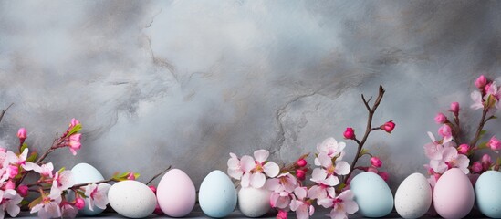 Poster - A stone background with cherry blossom flowers and Easter eggs creating a beautiful image Good for border templates Easter greeting cards and holiday cards Copy space available