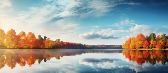 Wall Mural - A stunning lake scene adorned with vibrant autumn colors Perfect for a tranquil copy space image