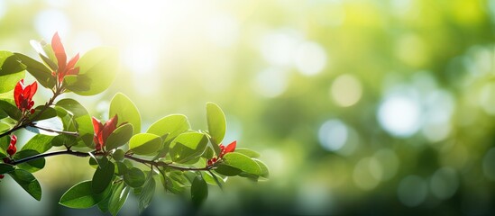Poster - A beautiful background of fresh green leaves with sunlight featuring tiny red flowers Perfect as a wallpaper with copy space