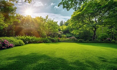 Canvas Print - A beautifully manicured green garden, bathed in sunlight with trees and flowers under a clear blue sky