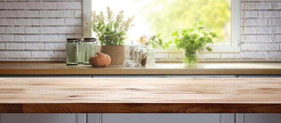 Poster - Blurry kitchen background with a tabletop in the frame providing ample copy space for images
