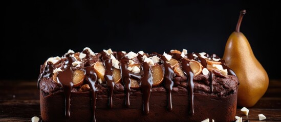 Poster - A tempting and visually appealing image of a chocolate pear cake with ample copy space for adding text or other elements