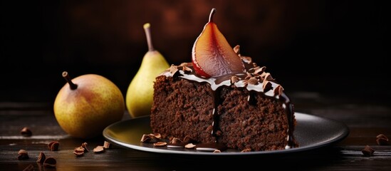 Poster - A tempting and visually appealing image of a chocolate pear cake with ample copy space for adding text or other elements