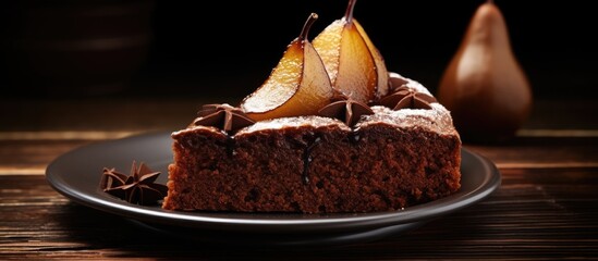 Poster - A tempting and visually appealing image of a chocolate pear cake with ample copy space for adding text or other elements