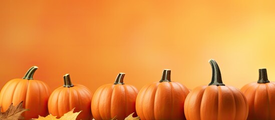 Poster - Fall themed background with pumpkins and maple leaves providing ample space for additional content Exemplifying the spirit of Halloween or Thanksgiving the image showcases pumpkins on an orange backd