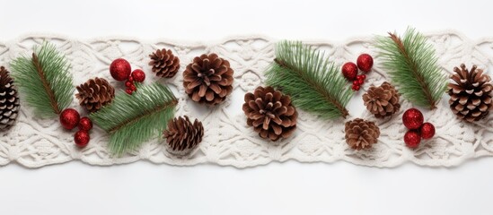 Sticker - A festive Christmas themed arrangement featuring a knitted blanket pine cones and fir branches on a white background Beautifully arranged with a top down view allowing for plenty of copy space image