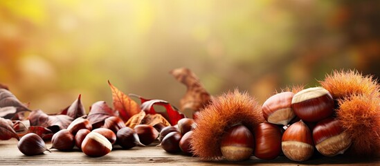 Wall Mural - Autumn themed food background with a close up of sweet raw chestnuts arranged on a cutting board creating a copy space image