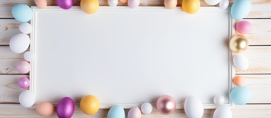 Leinwandbilder - Easter themed background featuring colored eggs and a blank frame mock up on a light wooden surface for copy space