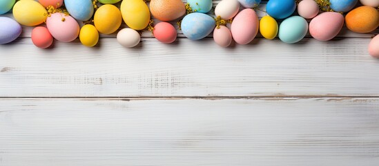 Leinwandbilder - Easter themed background featuring colored eggs and a blank frame mock up on a light wooden surface for copy space