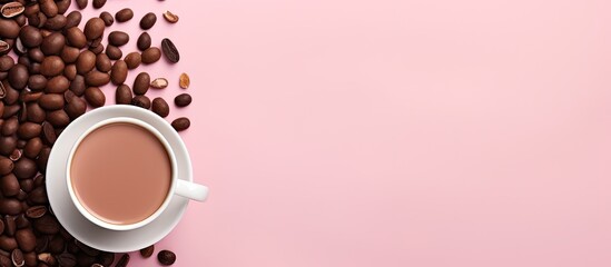 Aufkleber - A top down flat lay view of a cup of steaming hot chocolate accompanied by milk chocolate pieces containing almonds all placed on a pink background with ample empty space for use