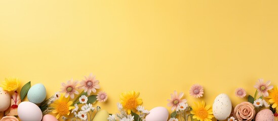 Aufkleber - A top down view of Easter themed elements including colorful handmade eggs an egg tray a bunny and flowers on a yellow background The scene is laid out flat and an Easter card with space for text is