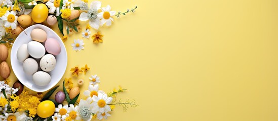 Aufkleber - A top down view of Easter themed elements including colorful handmade eggs an egg tray a bunny and flowers on a yellow background The scene is laid out flat and an Easter card with space for text is
