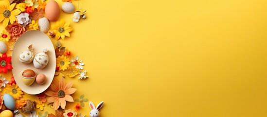 Aufkleber - A top down view of Easter themed elements including colorful handmade eggs an egg tray a bunny and flowers on a yellow background The scene is laid out flat and an Easter card with space for text is