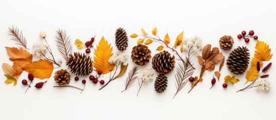 Leinwandbilder - Top view of a white background adorned with a fall themed composition The arrangement includes dried leaves cotton flowers and pine cones providing ample space for any desired content or image