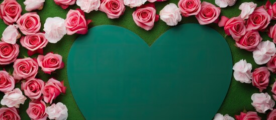 Poster - Top view of a green background adorned with blooming pink roses featuring an empty white paper sheet and a red heart creating an ideal copy space image
