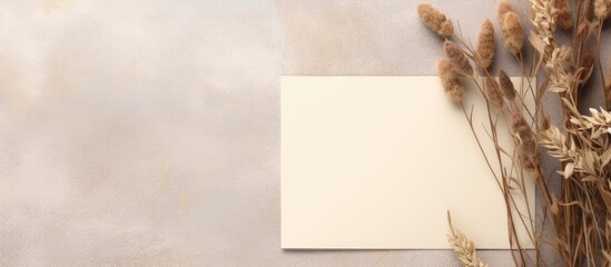 Poster - Top view of a beige background with a mockup of an invitation or greeting card It features an envelope beautifully decorated with dry plants leaving ample copy space