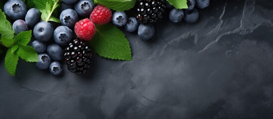 Poster - Top view of a stone gray background showcasing a healthy and detoxifying concept with a visually appealing arrangement of berry fresh blueberries and fresh mint leaves on a black slate board Ample sp