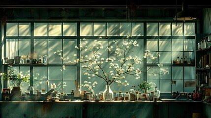 Wall Mural -   A tree in a vase sits before a window with numerous bottles adorning the sills