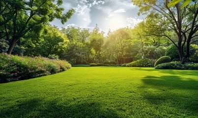 Wall Mural - A serene garden scene with lush trees, vibrant green lawn, and rays of sunshine filtering down