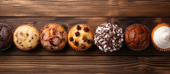 Poster - The top view shows delicious homemade sweet chocolate and vanilla muffins displayed on a wooden table background with copy space for additional elements