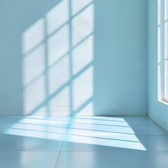 Sticker - Blue-tinted sunlight casting geometric shadows through a window onto a clean white room floor