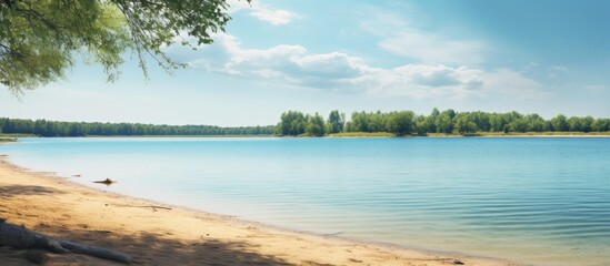 Leinwandbilder - A tranquil summer scene where a pristine blue lake meets a sandy beach devoid of any human presence offers a serene copy space image