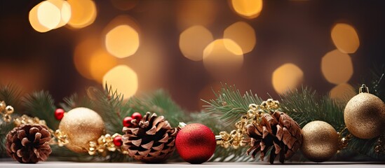 Poster - Christmas tree twigs cones balls and bokeh create a festive holiday background with an appealing copy space image