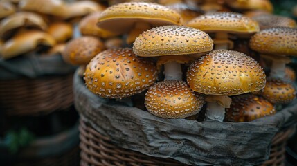 Sticker -   A basket brimming with many yellow 'shrooms, adjacent to mounds of brown containers housing green and yellow fungi