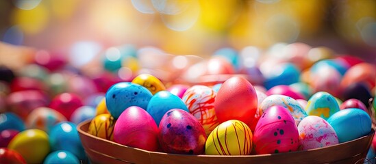 Sticker - A close up of vibrant Easter eggs arranged in a basket with plenty of copy space for additional elements or text in the image