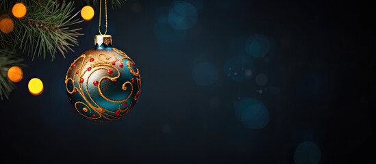 Aufkleber - A vibrant ornament decorates a Christmas tree standing out against a dark backdrop providing ample copy space in the image