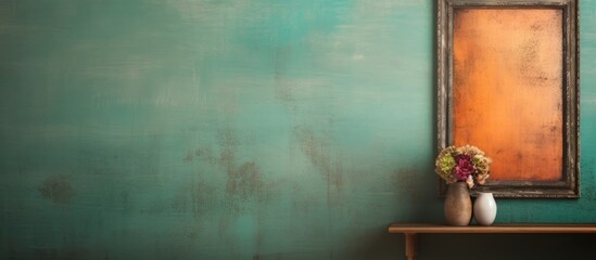 Leinwandbilder - On the vibrant vintage wall there is a wooden picture frame providing ample space for adding an image