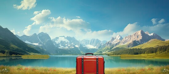A vibrant banner showcasing a suitcase against a picturesque backdrop offering ample space for text and representing the concept of travel