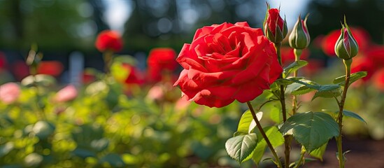 Aufkleber - A beautiful view of a flowering garden depicting a vibrant red rose flower along with young rosebuds set against a blurred green background offers a captivating copy space image