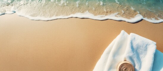 Aufkleber - Top view of beach accessories and towel on a sandy beach with ample space for text A perfect image to capture the essence of a summer vacation