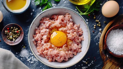 Wall Mural - Cooking procedure for raw minced pork mixed with egg salt and oil on a kitchen surface