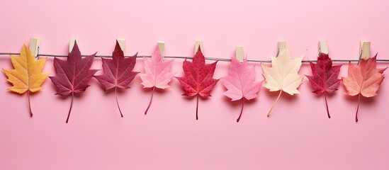 Aufkleber - Colorful autumn leaves on wooden pegs arranged on a pink pastel background creating a top down view It represents the minimalistic theme of fall Thanksgiving or Halloween and offers copy space for cu