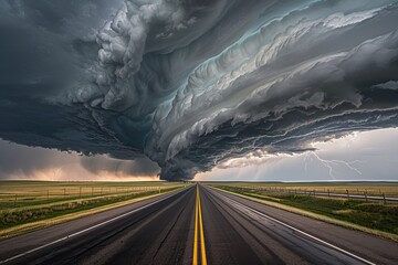 An awe-inspiring image of a massive storm cloud rolling over a seemingly endless road in the countryside