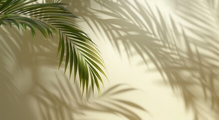 Poster - Vibrant green palm fronds casting dramatic shadows on a neutral toned wall, showcasing contrast and texture